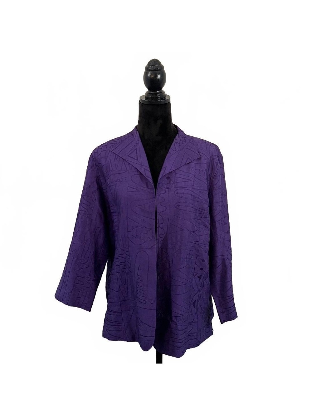 Vintage Chico’s Purple Textured Embroidery Silk Open Jacket